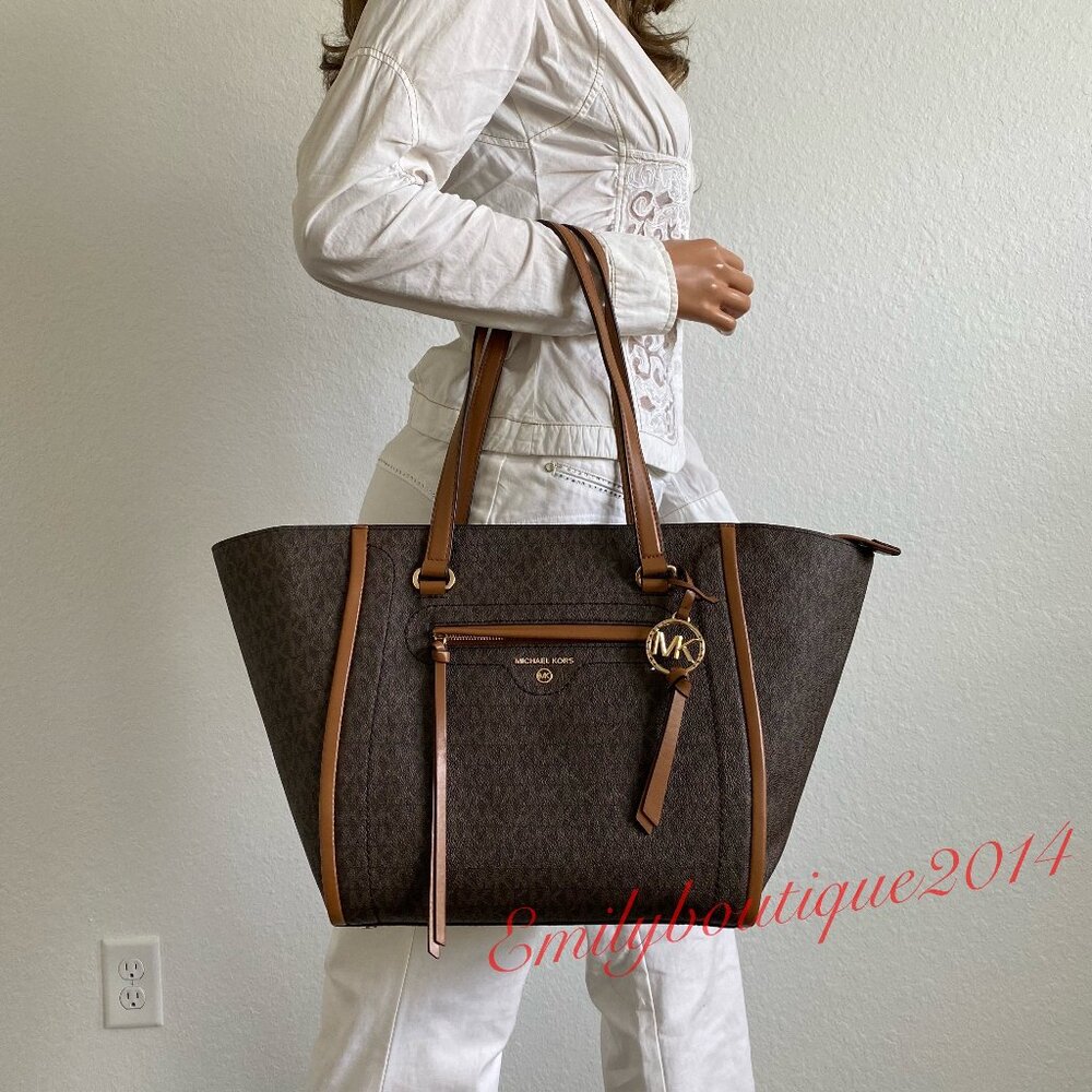 NWT Michael Kors Retail Carine Medium Logo Tote Brown Acorn Signature Bag